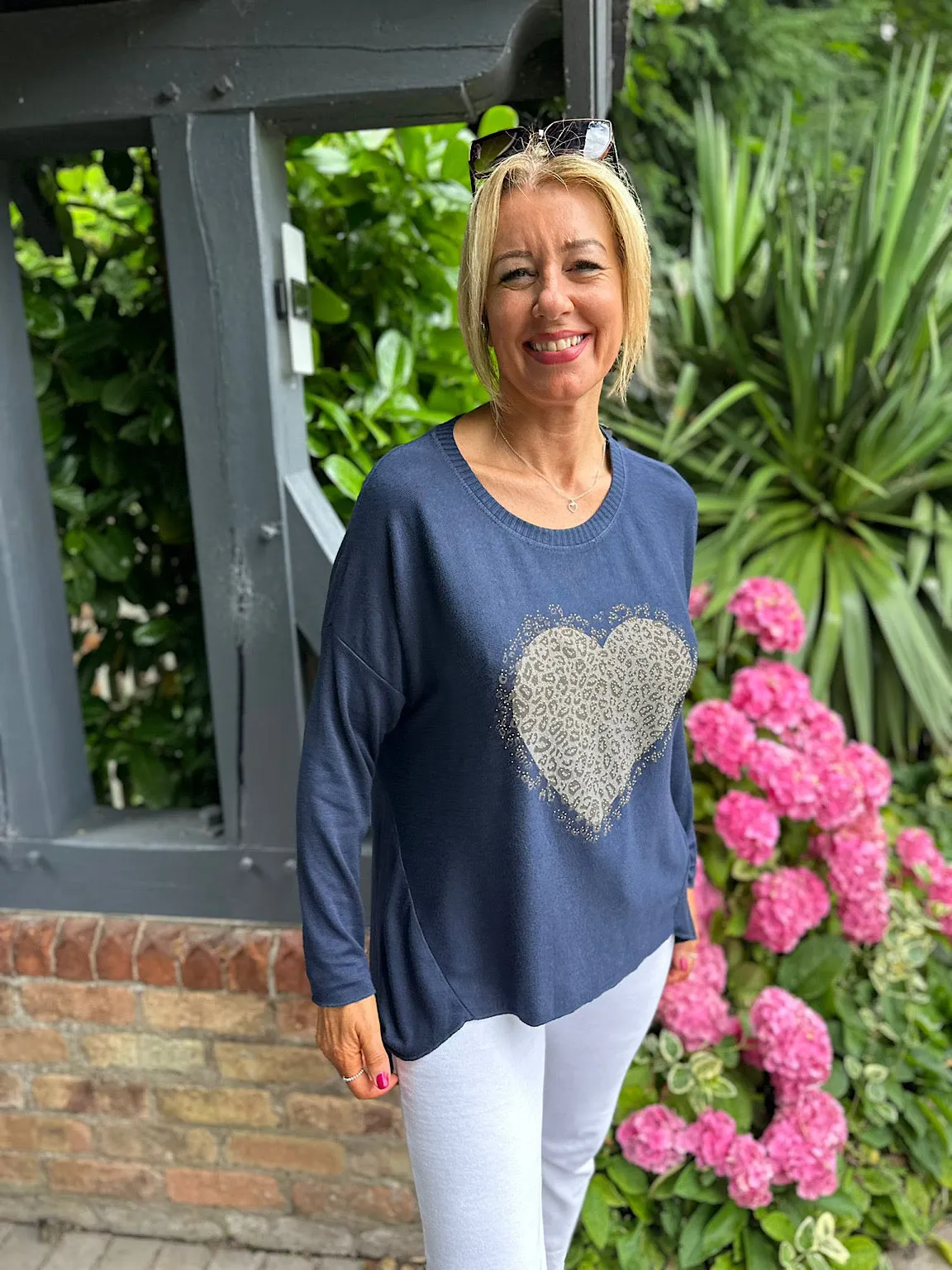 Navy Diamante Leopard Heart Knit Charlie