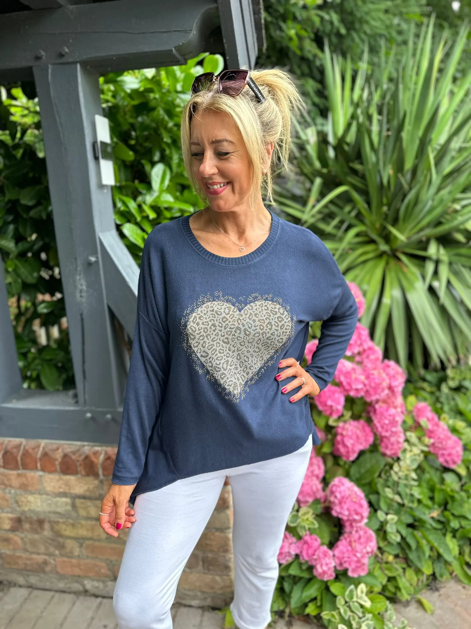 Navy Diamante Leopard Heart Knit Charlie