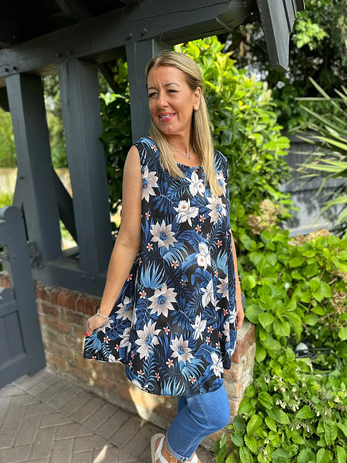 Navy Floral Pattern Vest Top Leah