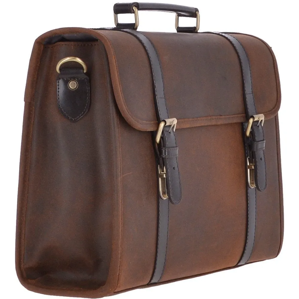 Oily Buff Brown Leather Large Briefcase with Detachable Shoulder Strap