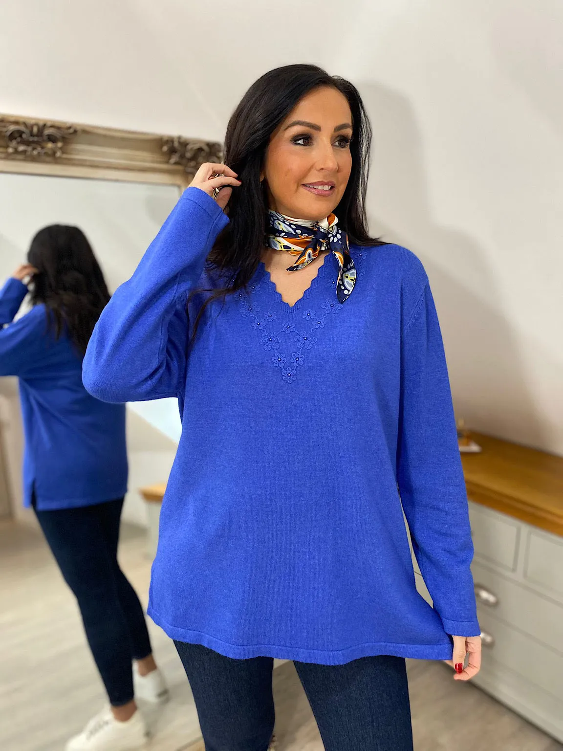 Royal Blue Floral Scalloped V Neck Shannon