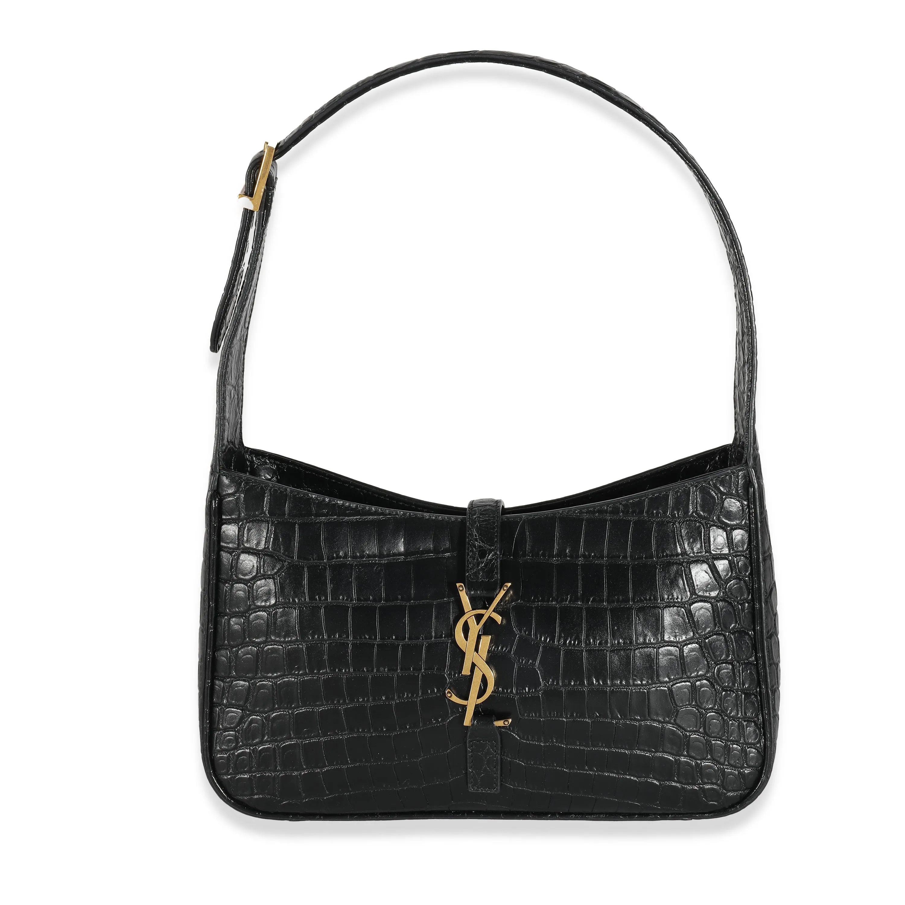 Saint Laurent Black Crocodile Embossed Calfskin Le 5 a 7 Hobo