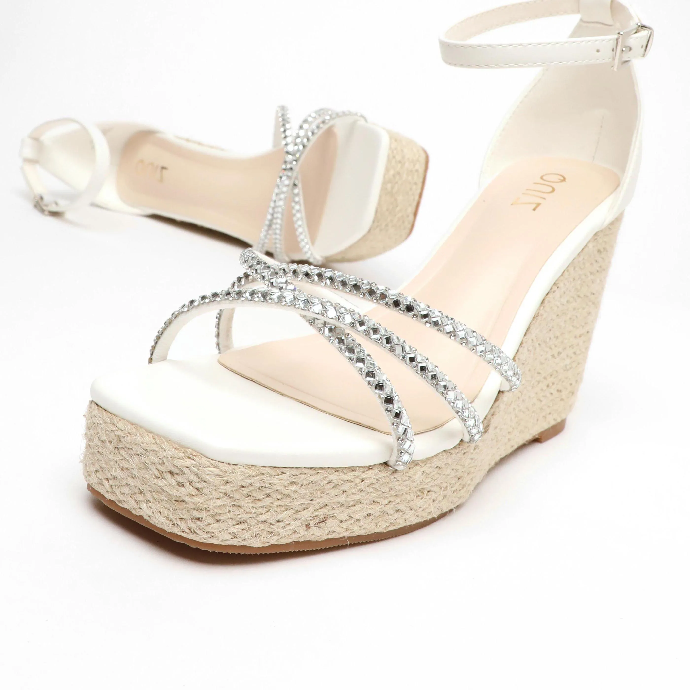 Sandals | Diamante Cross Strap Woven Wedges | Quiz