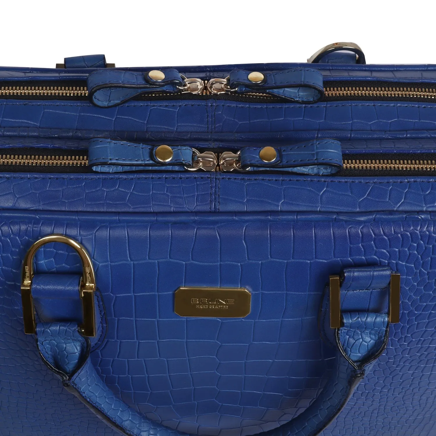 Sky Blue Leather Laptop Office Briefcase With Extra Compartment in Croco Textured Leather