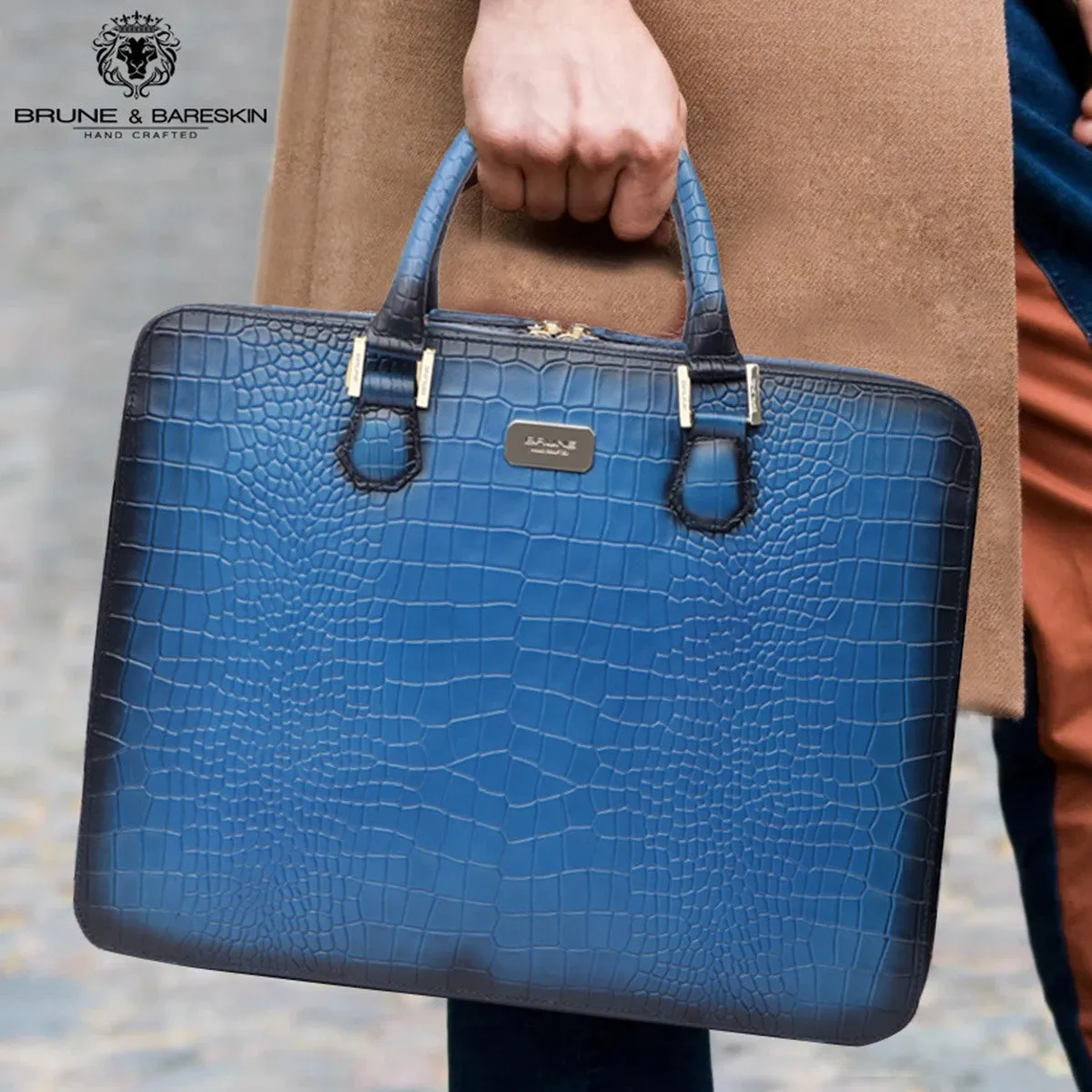 Sky Blue Office Briefcase in Deep Cut Croco Leather