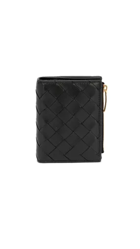 Small Intrecciato Bi-Fold Zip Wallet - Black