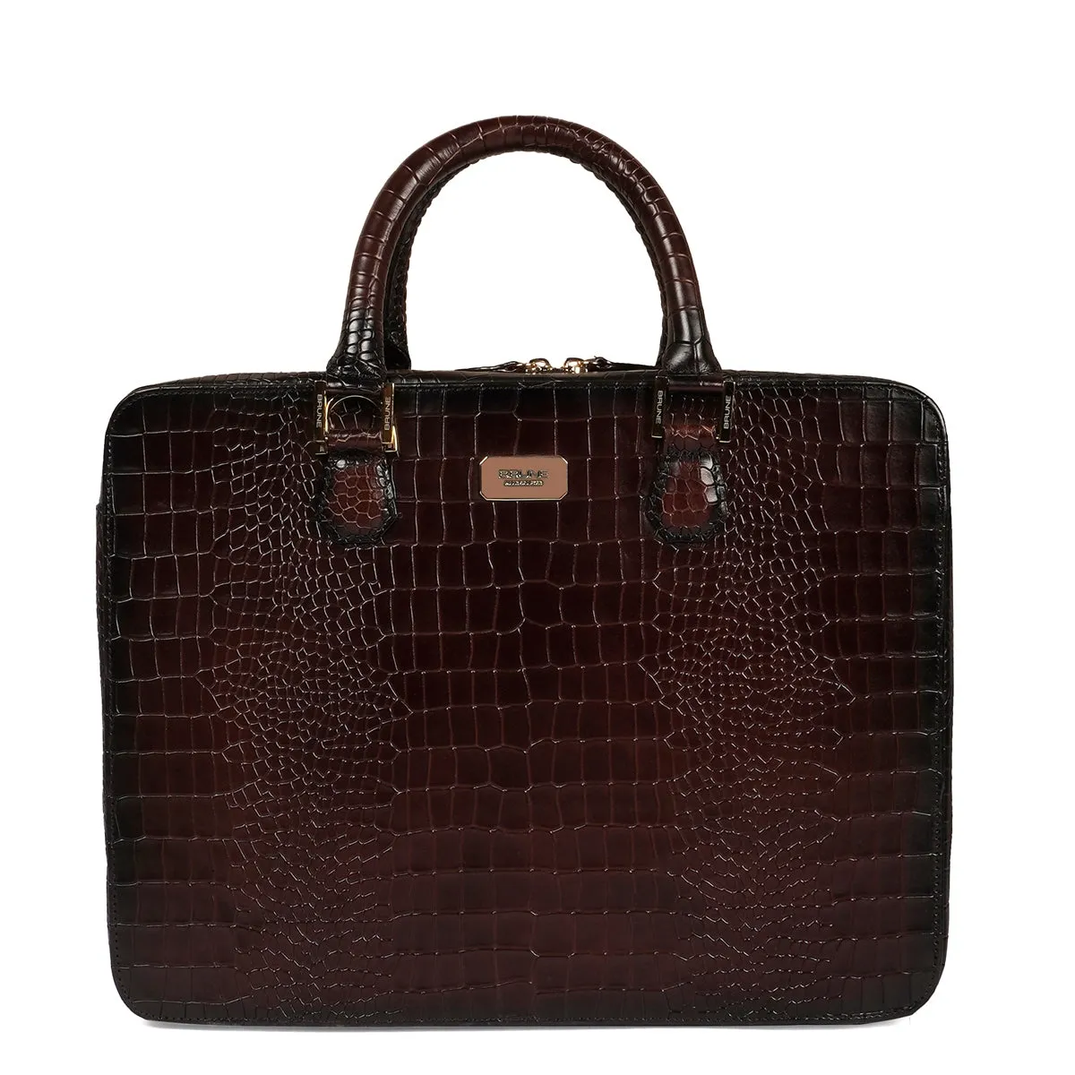 Stylish Dark Brown Laptop Briefcase in Cut Croco Leather