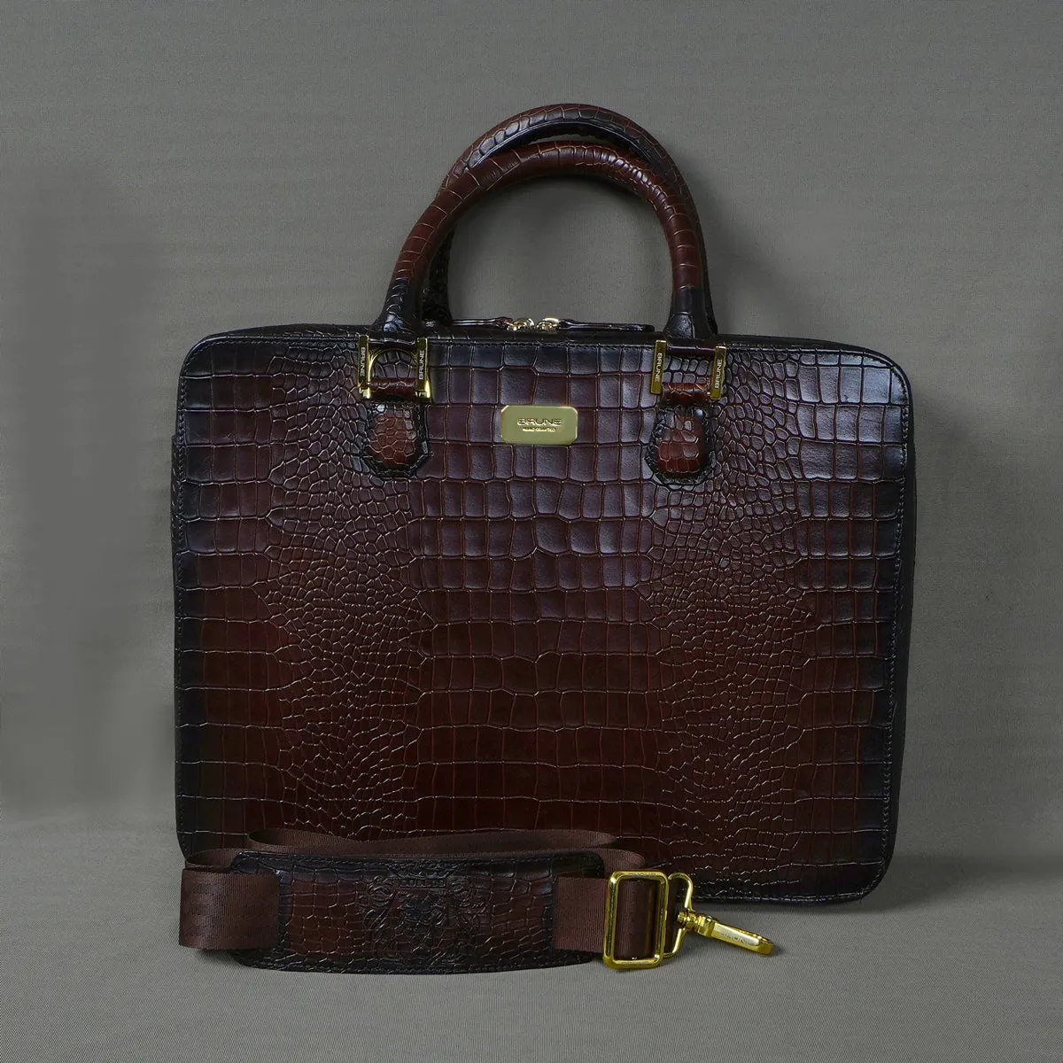 Stylish Dark Brown Laptop Briefcase in Cut Croco Leather