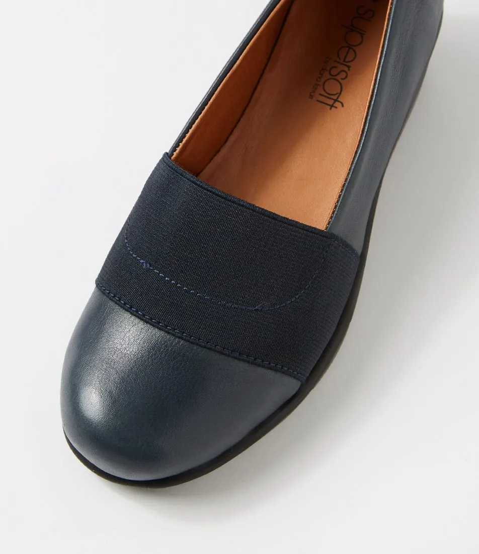 SUPERSOFT Macet Navy Leather Elastic Wedges