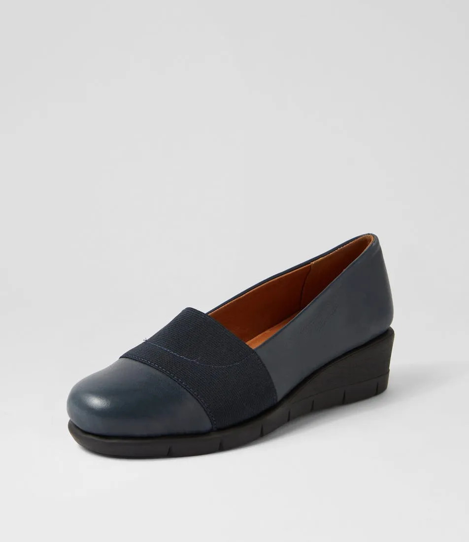 SUPERSOFT Macet Navy Leather Elastic Wedges