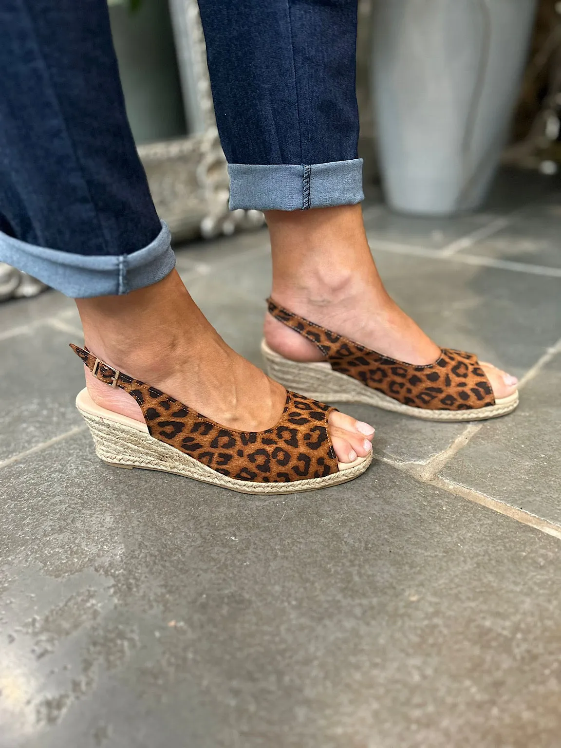 Tan Leopard Print Open Toe Wedge