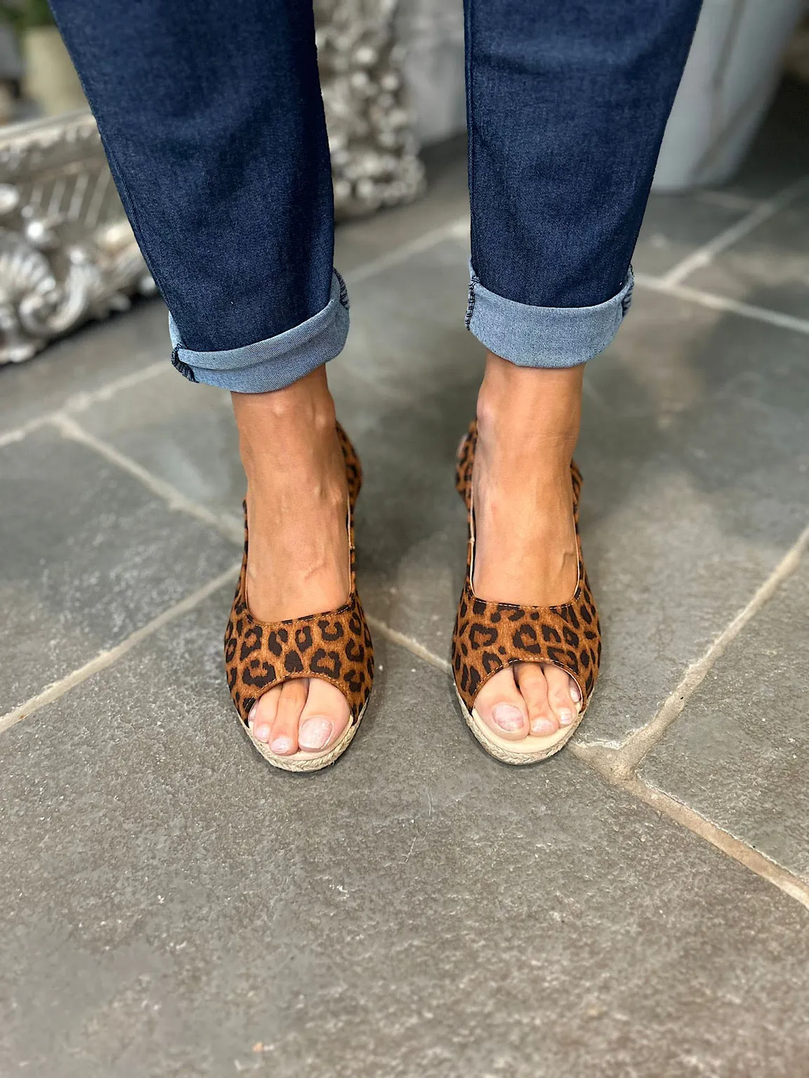 Tan Leopard Print Open Toe Wedge