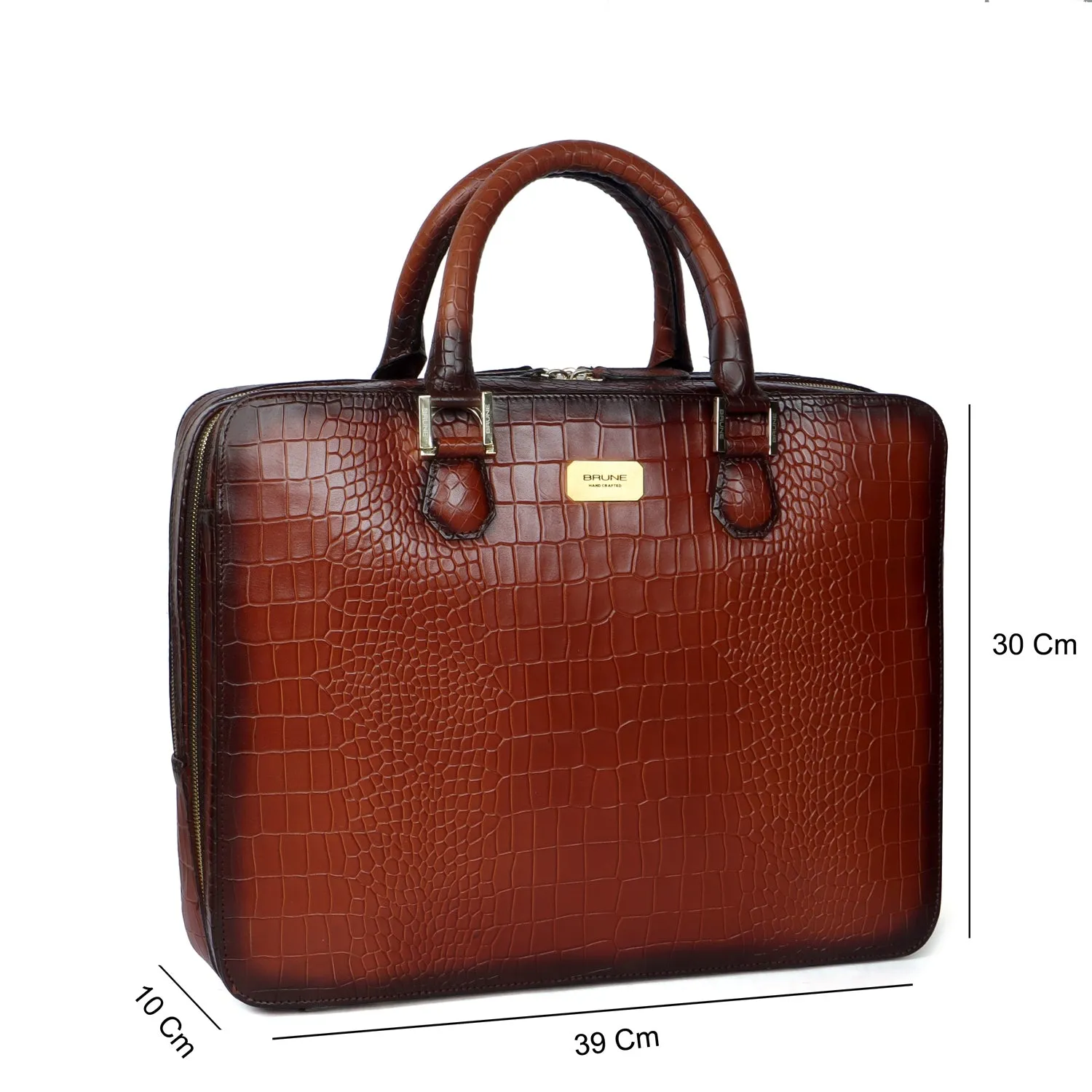 Tan Office Briefcase with Organizer Compartment in Deep Cut Croco Leather