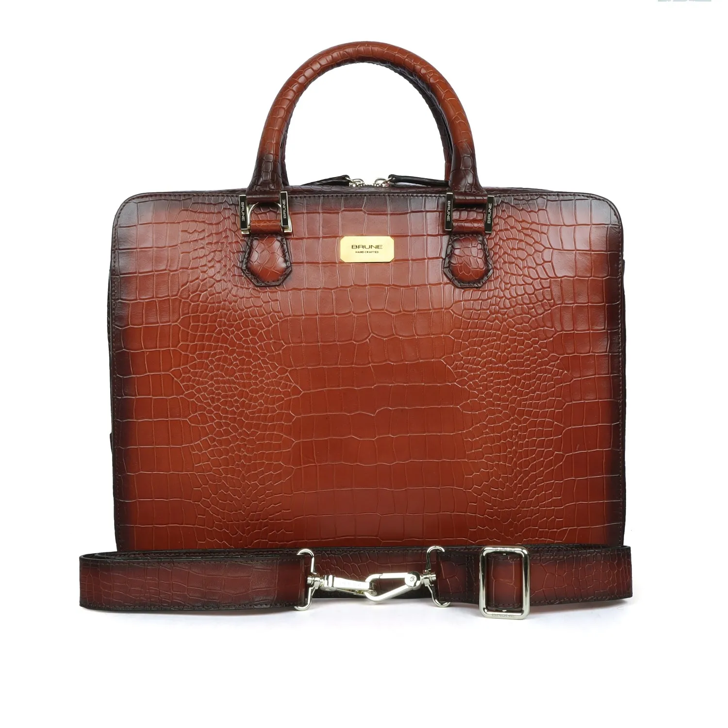 Tan Office Briefcase with Organizer Compartment in Deep Cut Croco Leather