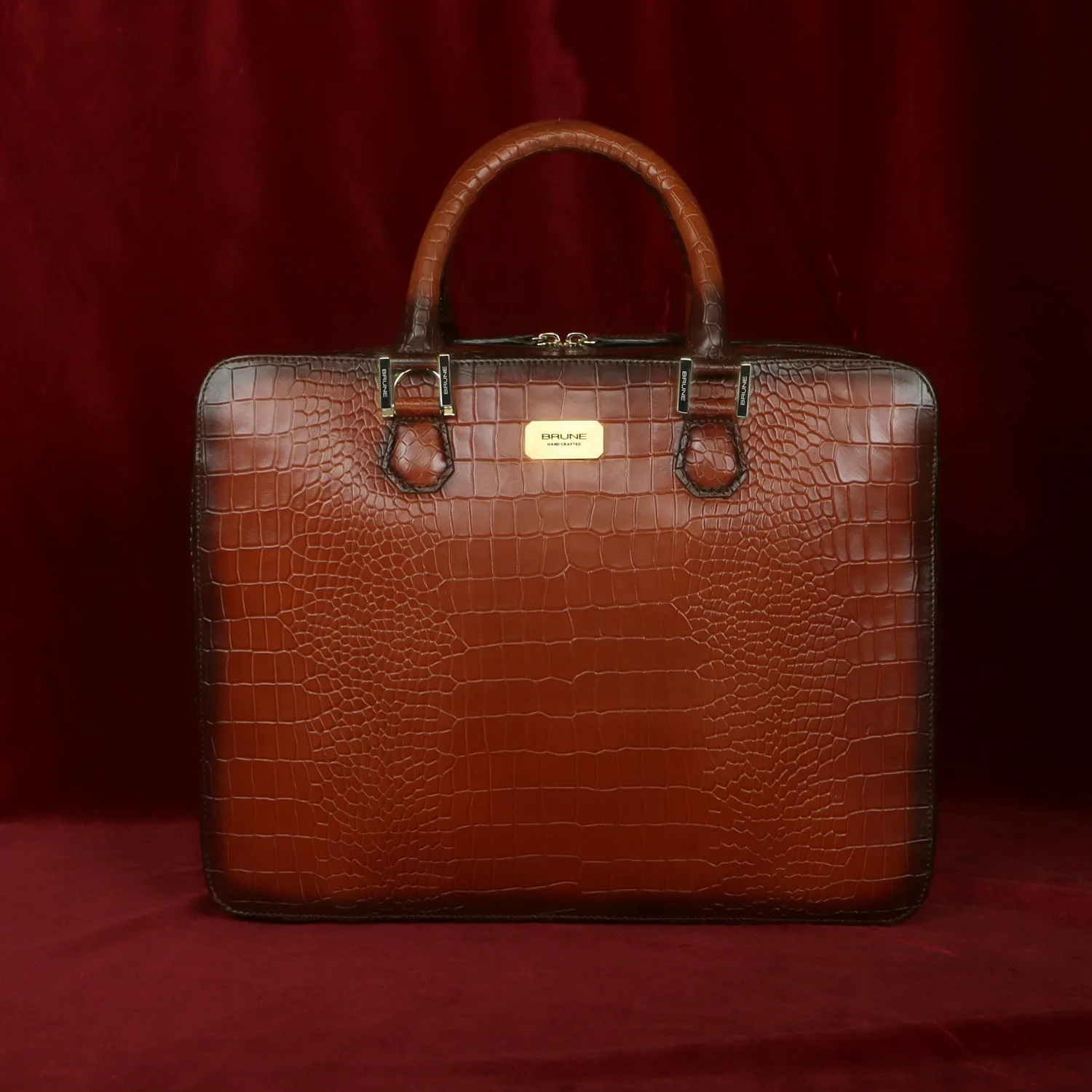 Tan Office Briefcase with Organizer Compartment in Deep Cut Croco Leather