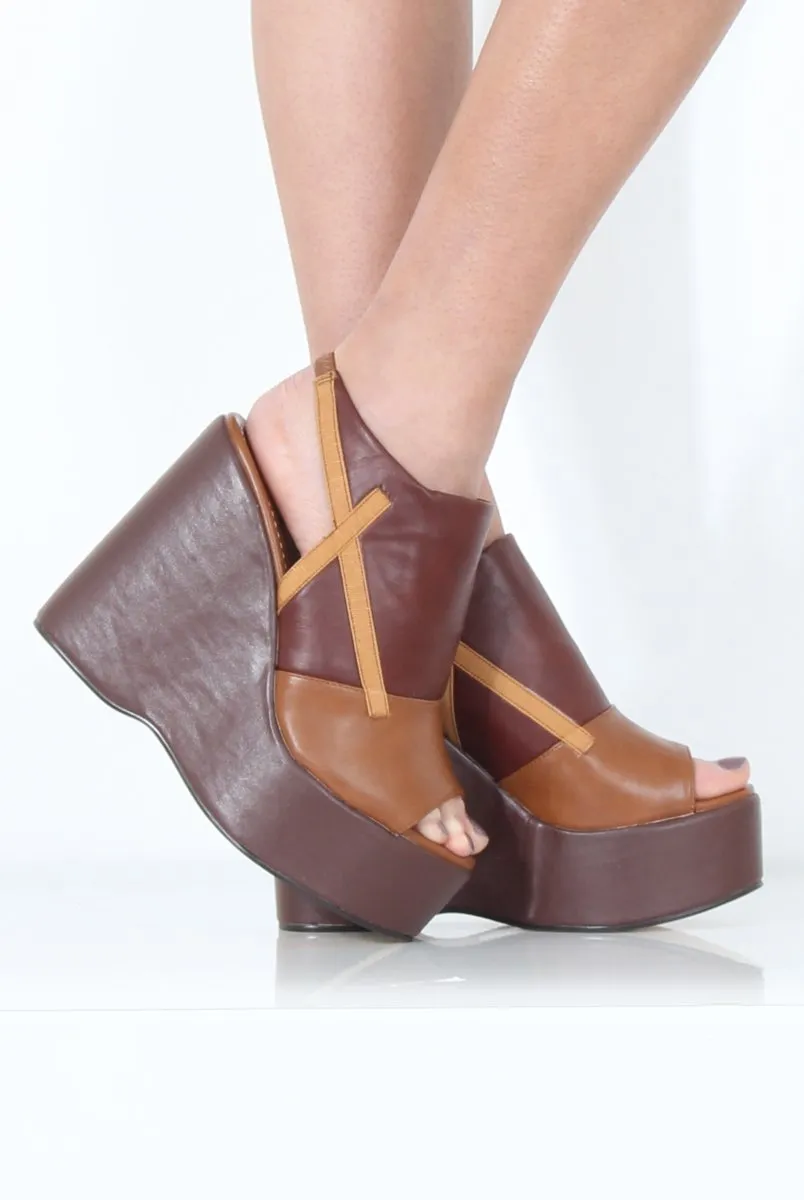 Tan Peep Toe Wedges- Sadie