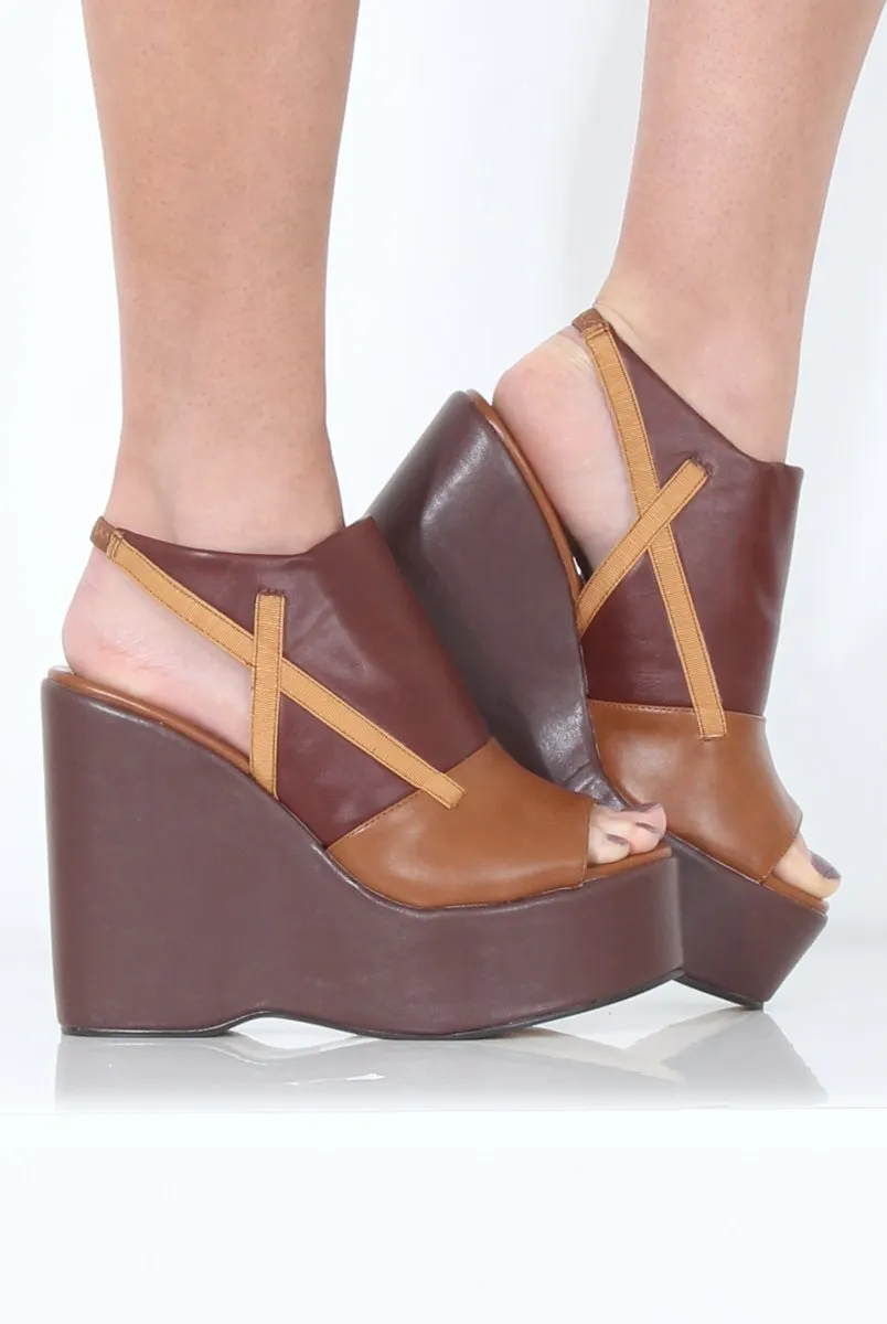 Tan Peep Toe Wedges- Sadie