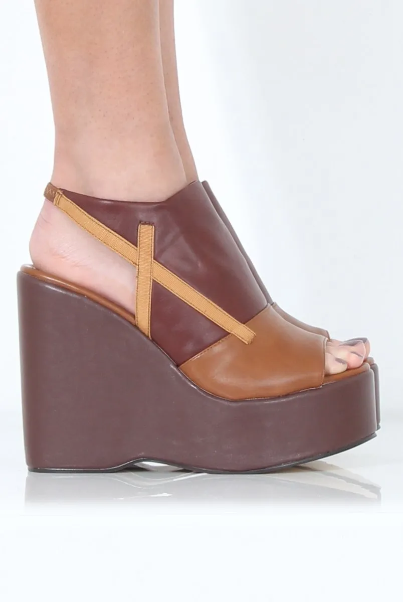 Tan Peep Toe Wedges- Sadie