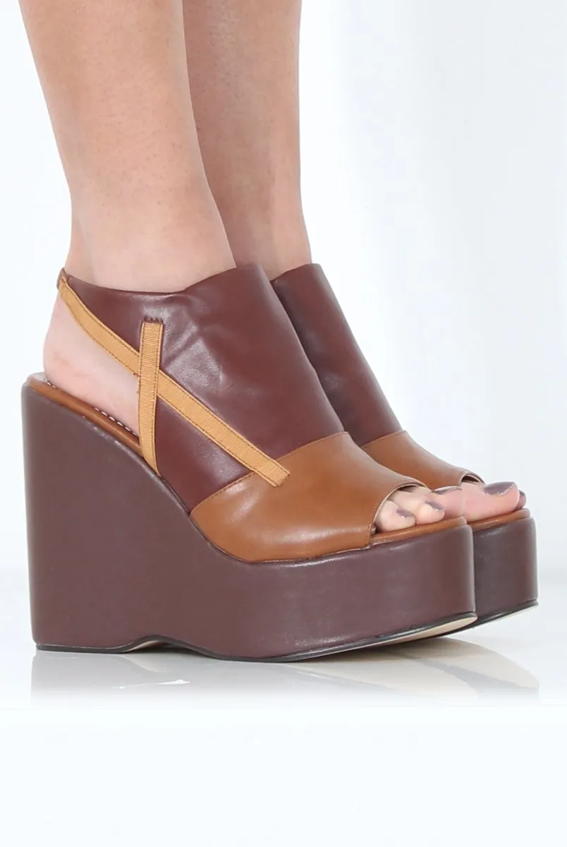 Tan Peep Toe Wedges- Sadie