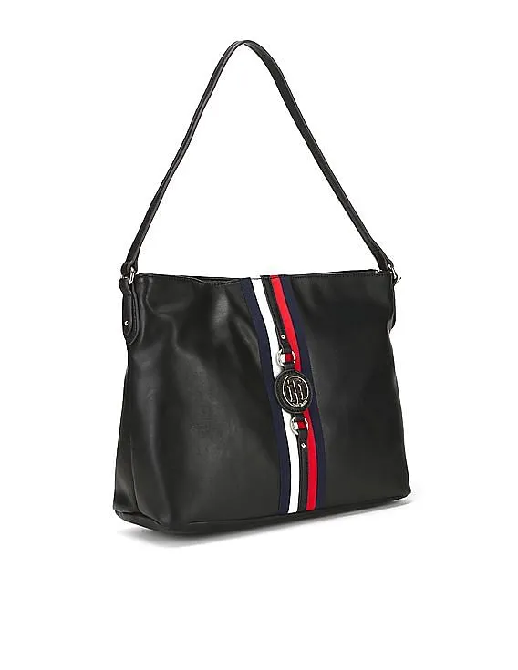 Tommy Hilfiger Women Black Jaden Brand Tape Hobo Bag