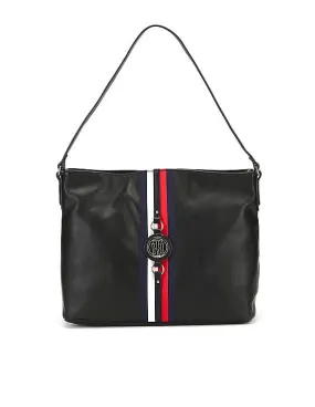 Tommy Hilfiger Women Black Jaden Brand Tape Hobo Bag