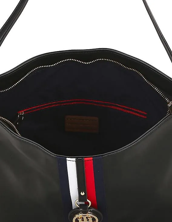 Tommy Hilfiger Women Black Jaden Brand Tape Hobo Bag