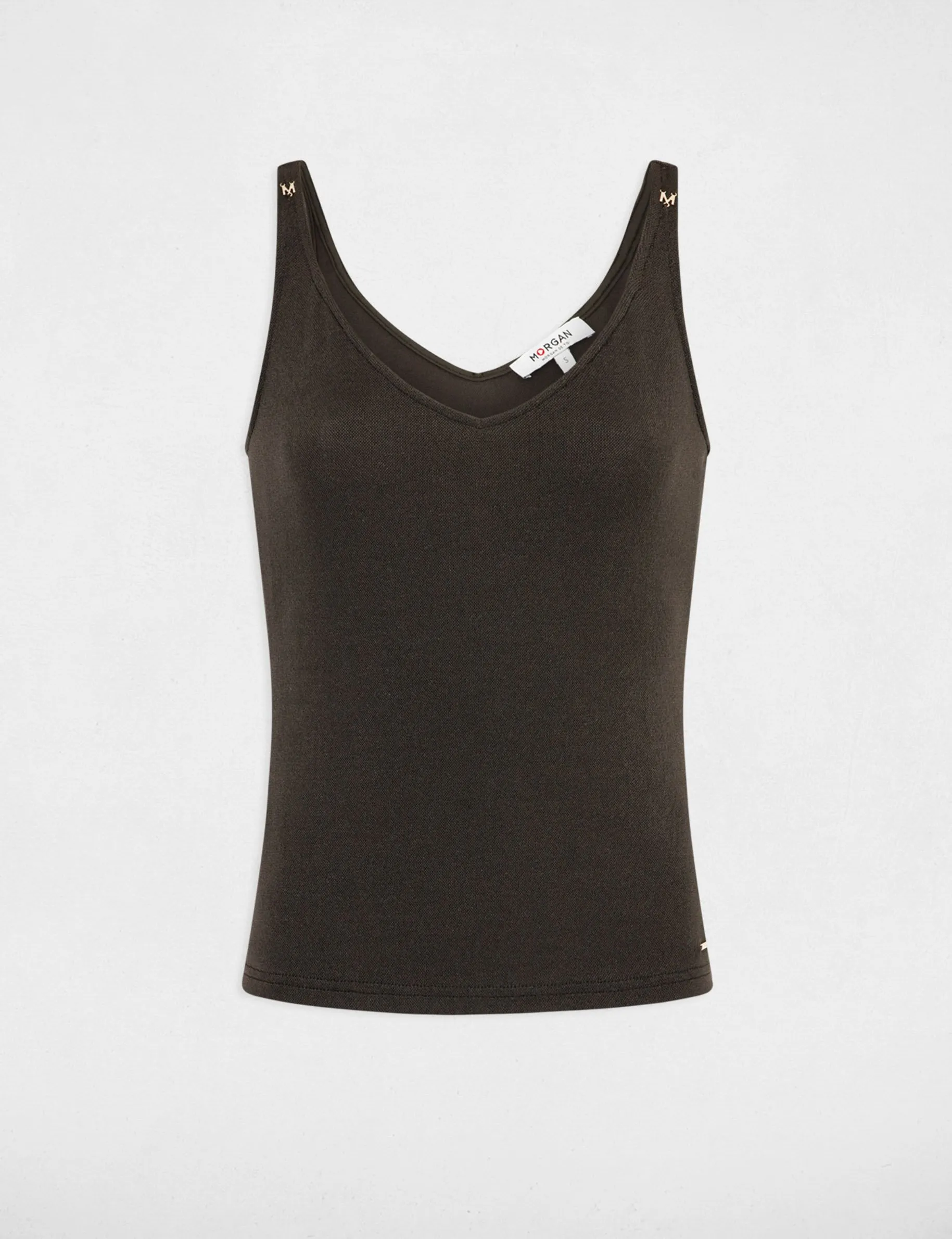 Vest top V-neck and metallised threads khaki green women