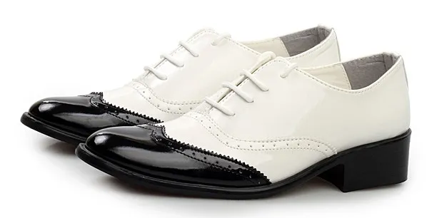 White Black Patent Pointed Head Lace Up Mens Oxfords Shoes