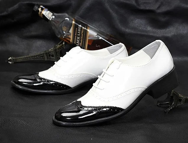 White Black Patent Pointed Head Lace Up Mens Oxfords Shoes