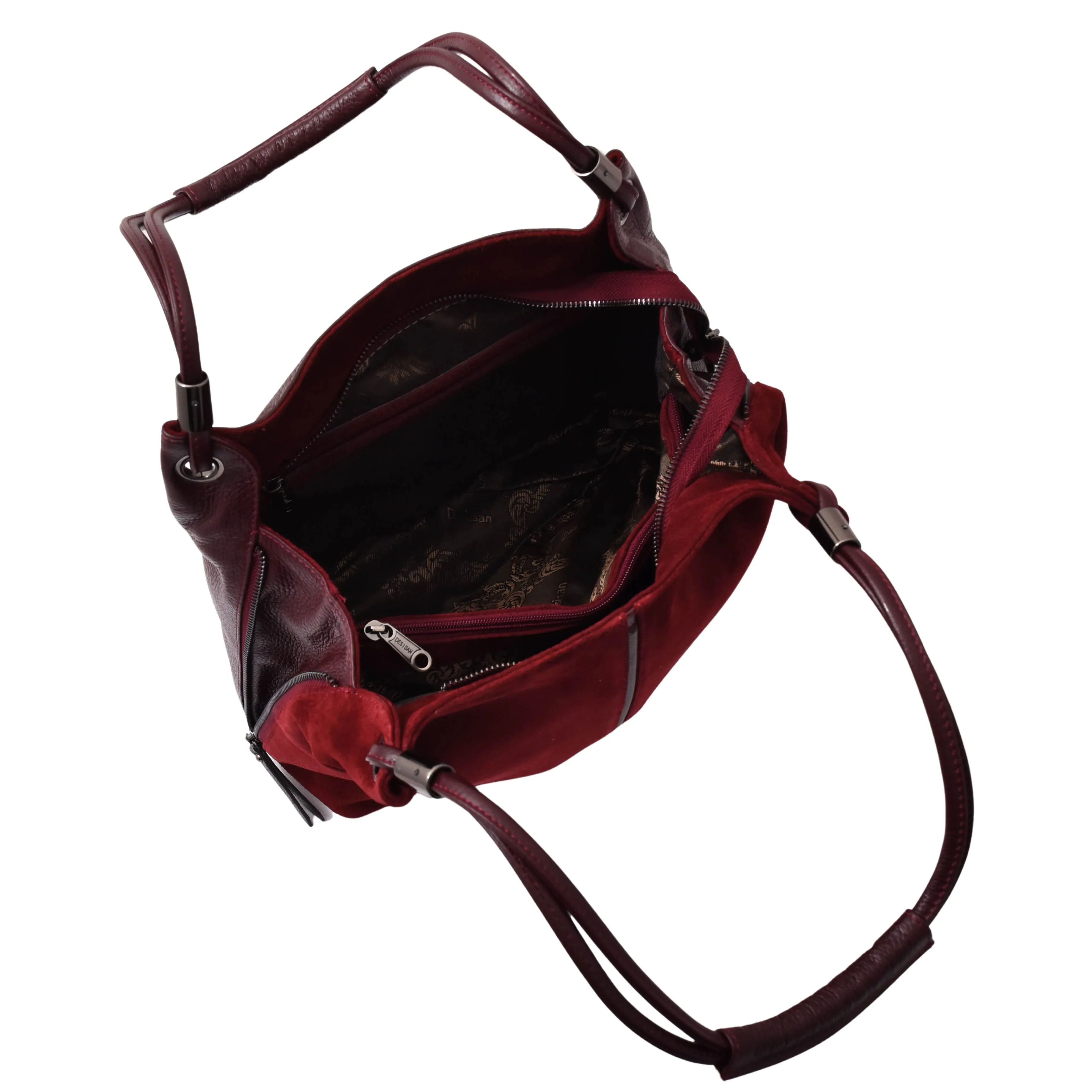 Womens Leather Suede Shoulder Bag Zip Large Burgundy Hobo Audrey