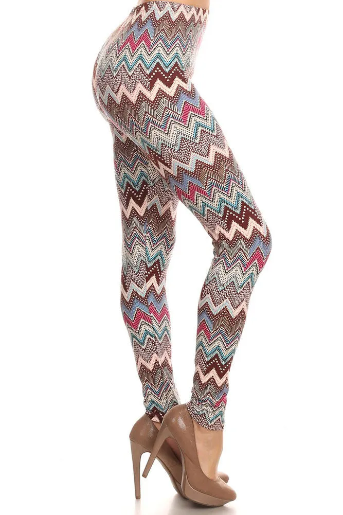 Women's Regular Ornate Chevron Inspired Pattern Print Leggings - Pink Brown Sky