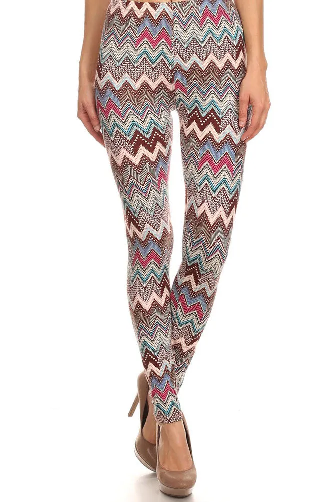 Women's Regular Ornate Chevron Inspired Pattern Print Leggings - Pink Brown Sky