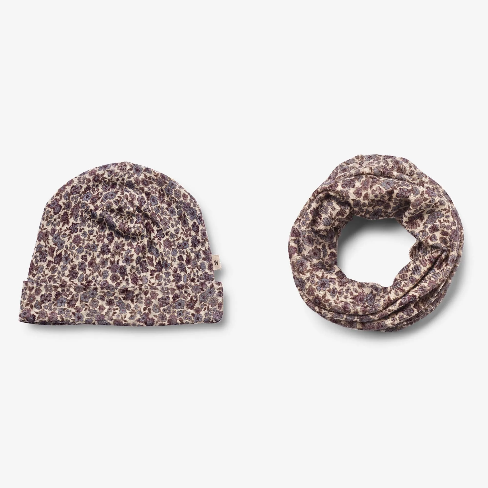 Wool Hat & Neckwarmer Arta - purple flowers