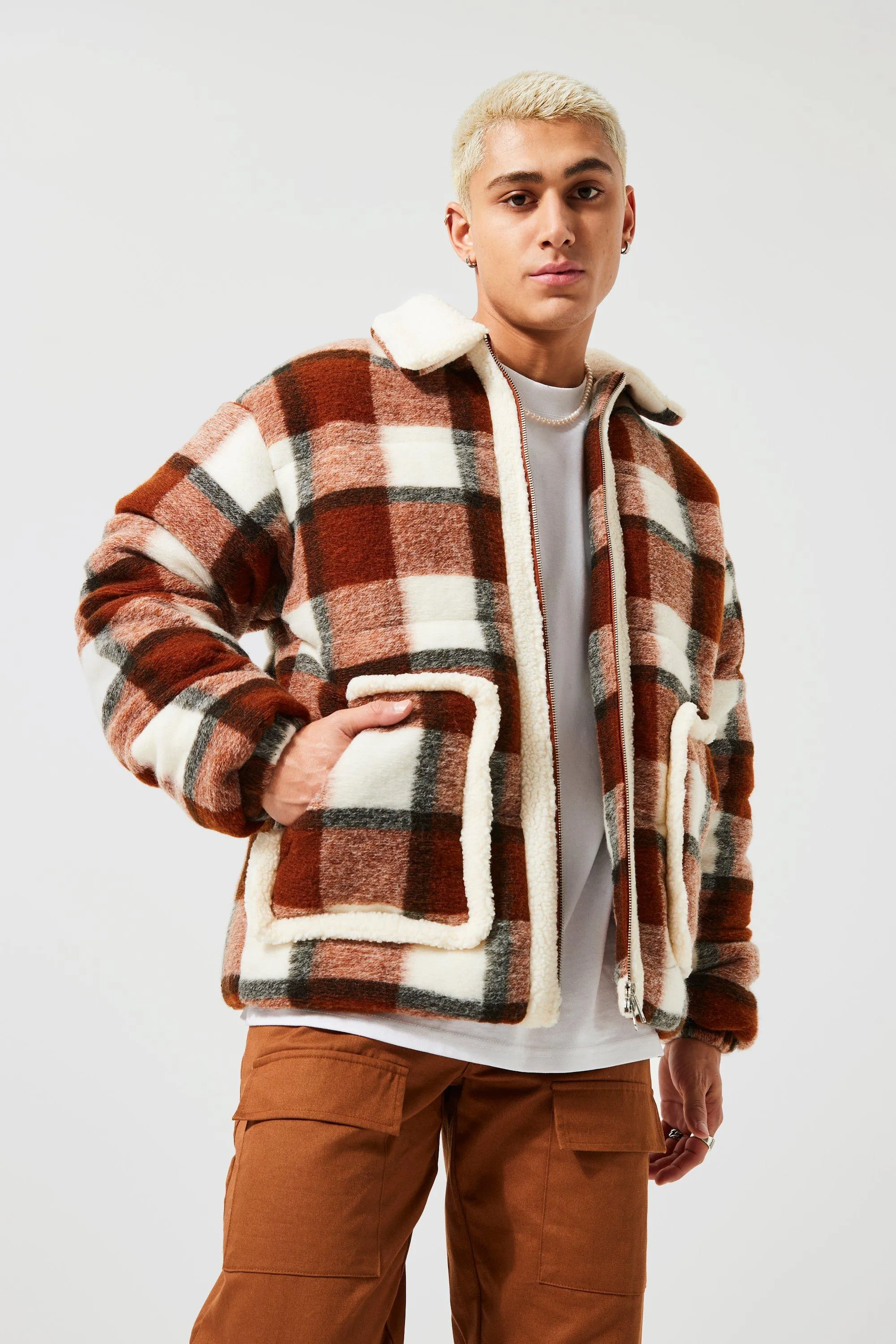 Wool Look Check Zip Through Puffer | boohooMAN UK