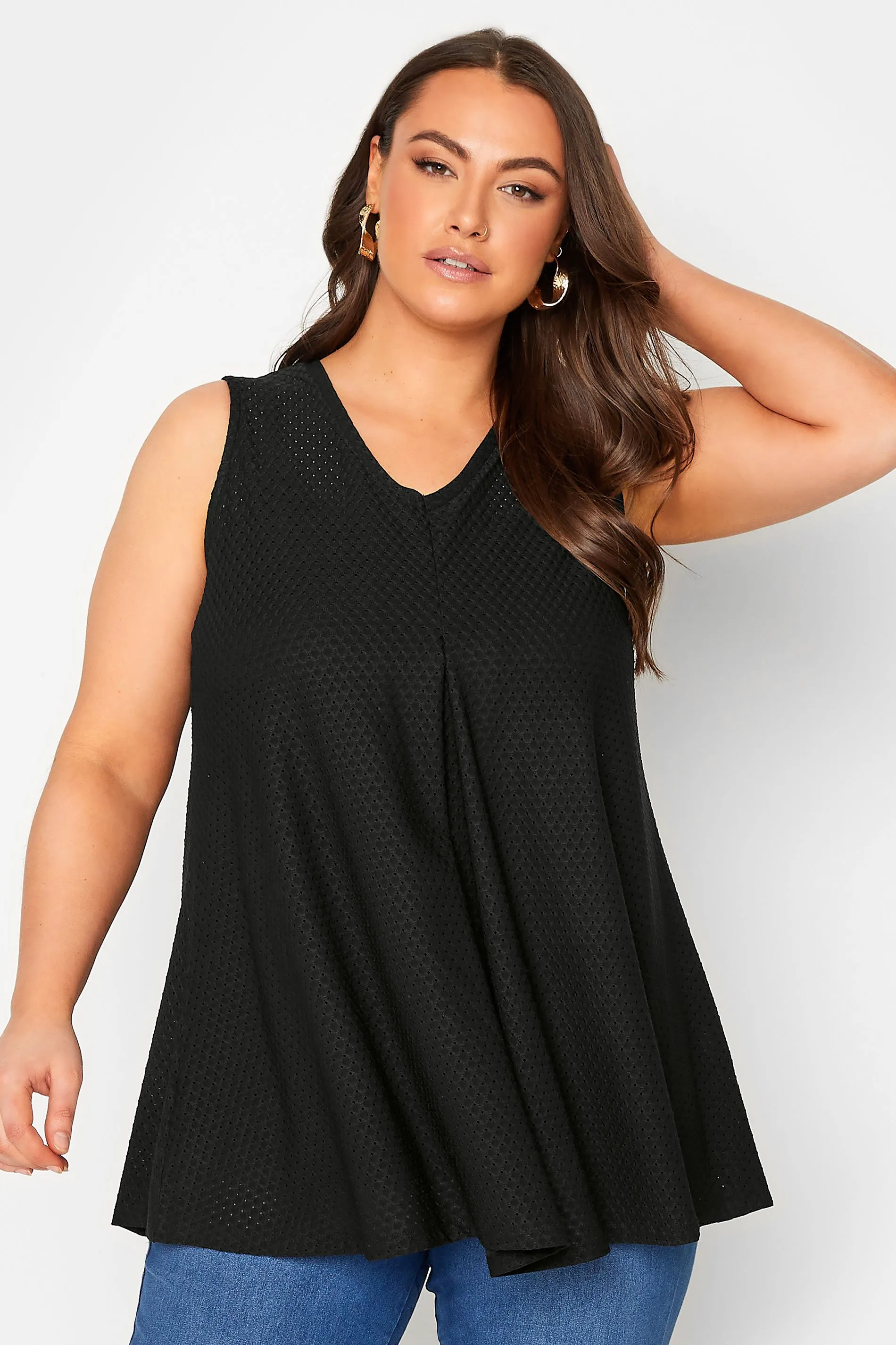 YOURS Curve Black Textured Pointelle Pleat Vest Top