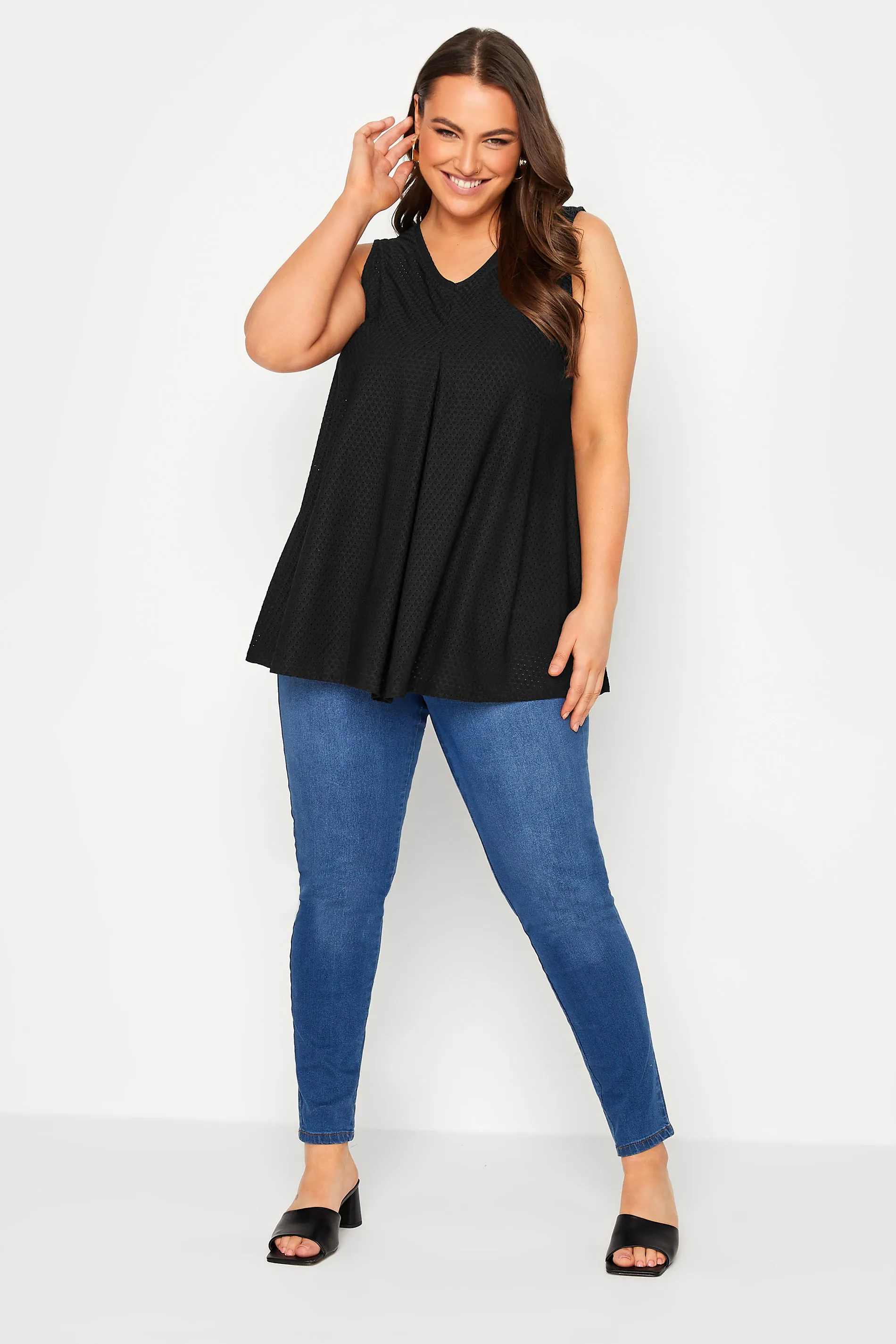 YOURS Curve Black Textured Pointelle Pleat Vest Top