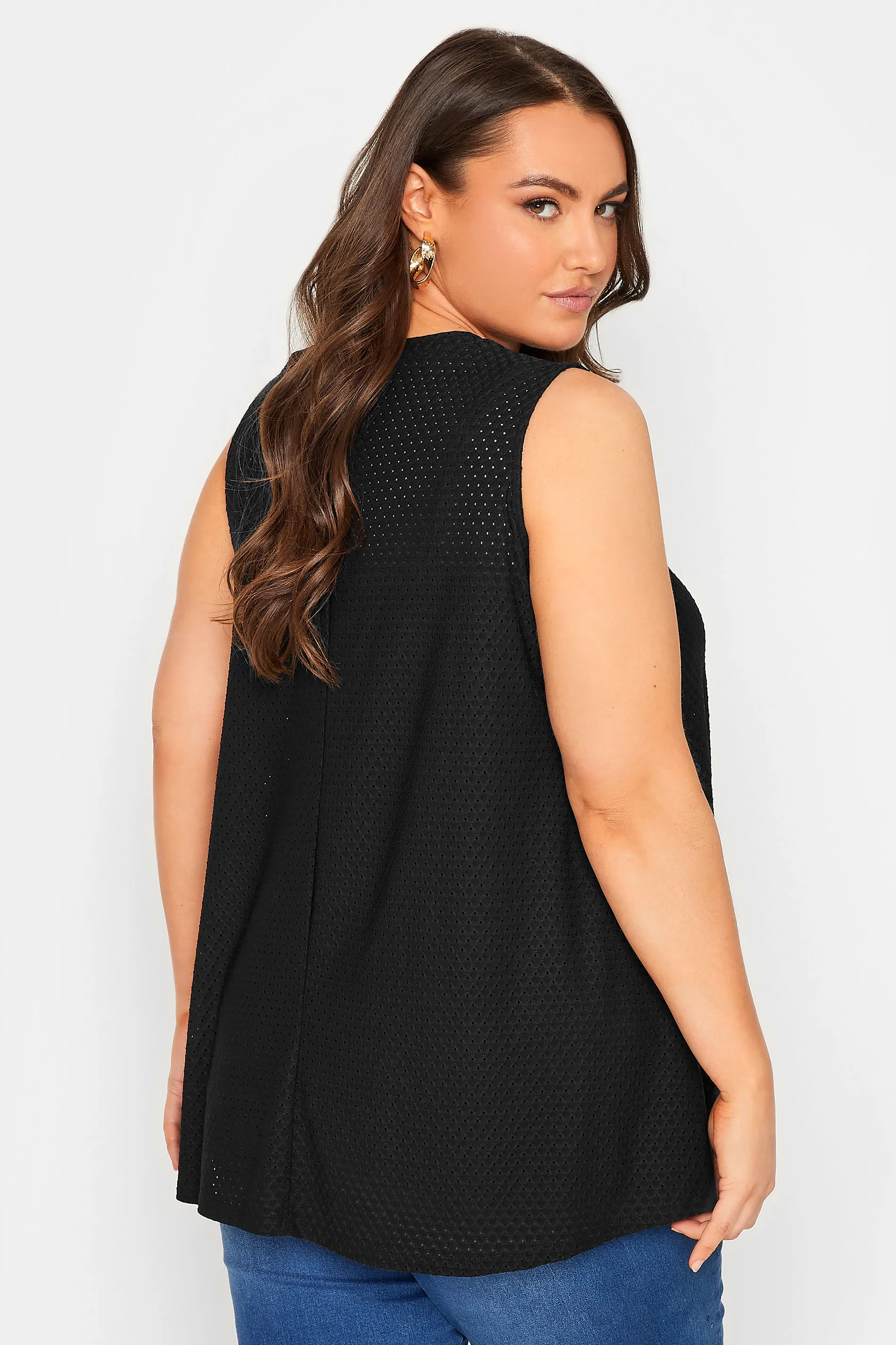 YOURS Curve Black Textured Pointelle Pleat Vest Top