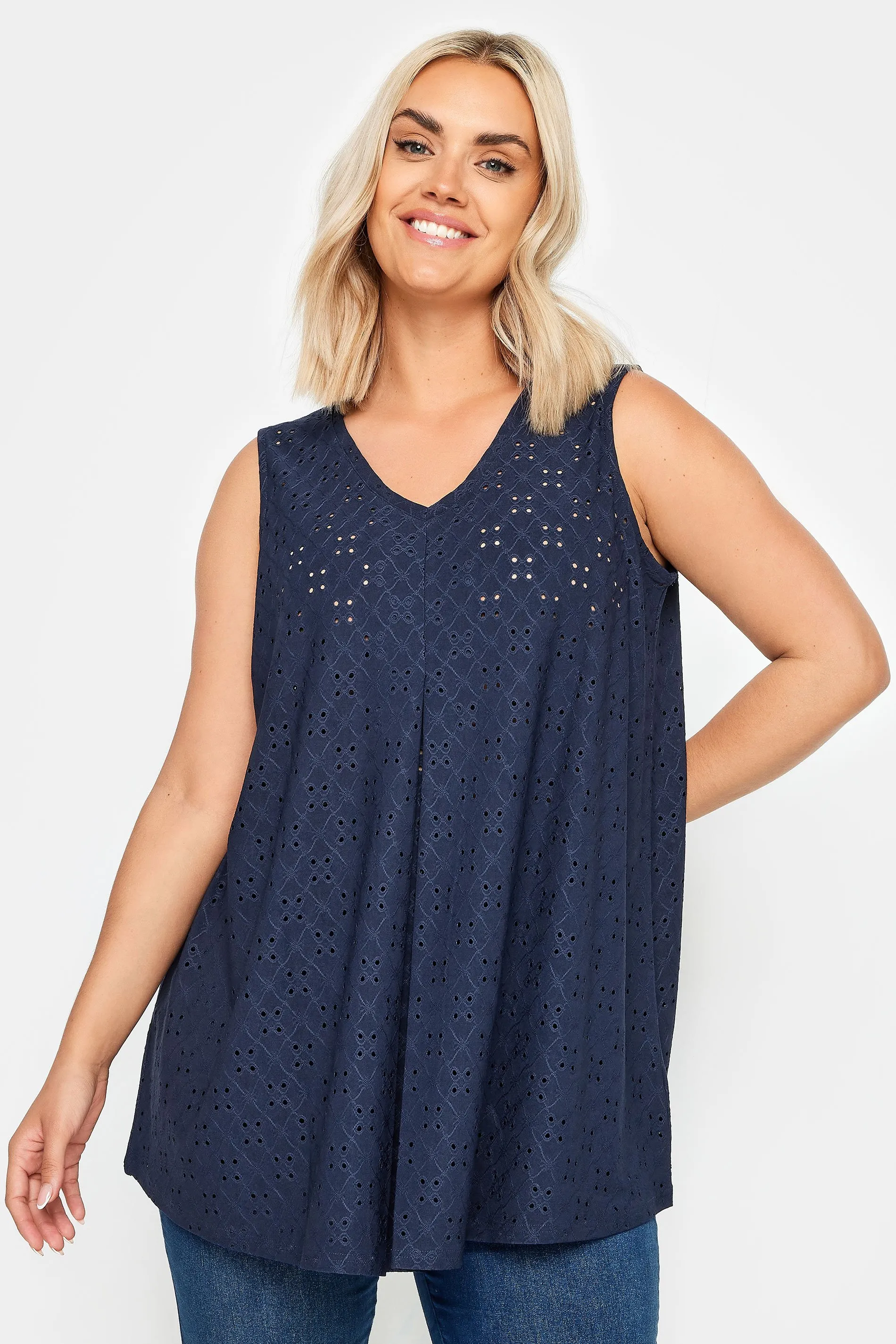 YOURS Curve Navy Blue Broderie Anglaise Swing Vest Top