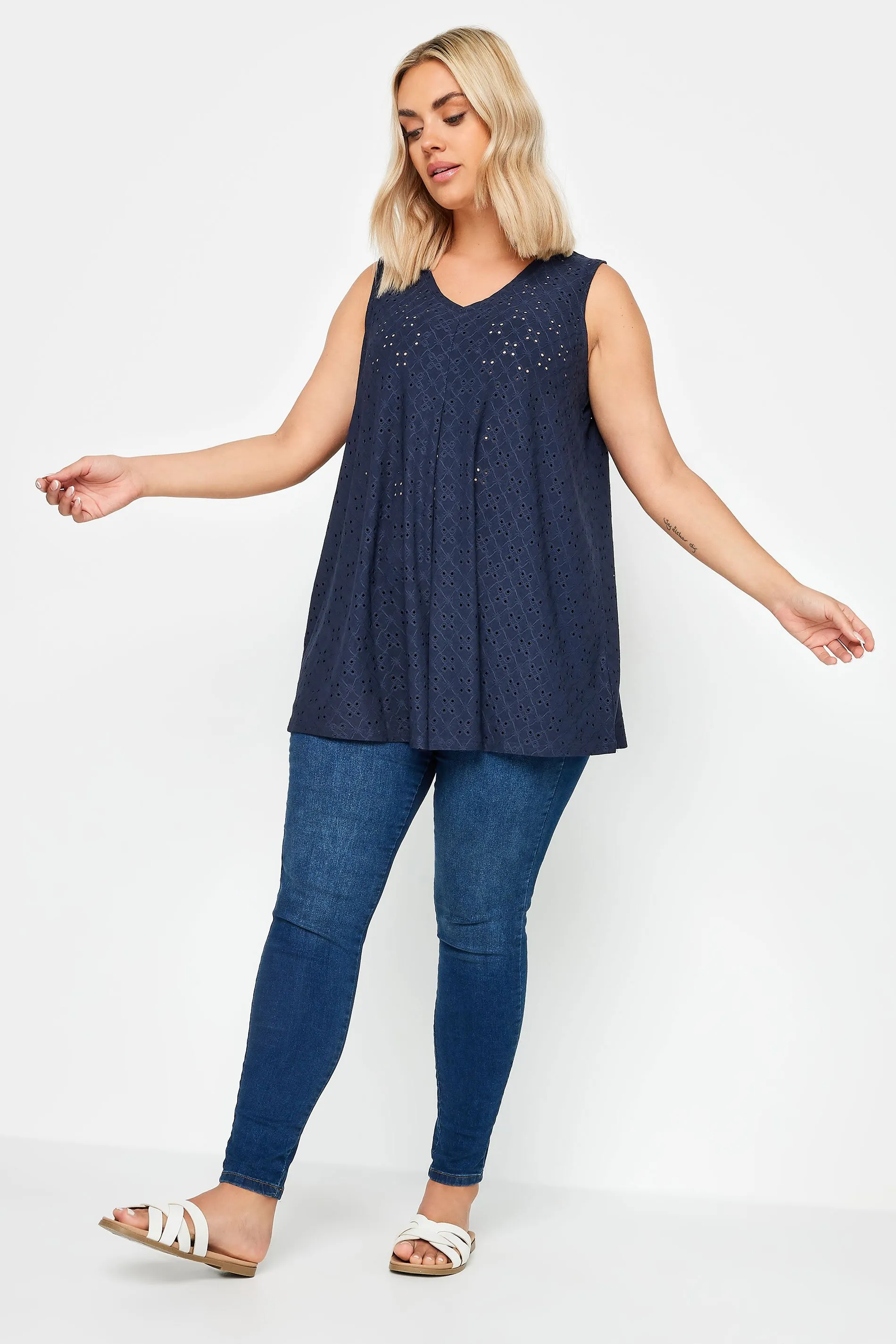 YOURS Curve Navy Blue Broderie Anglaise Swing Vest Top