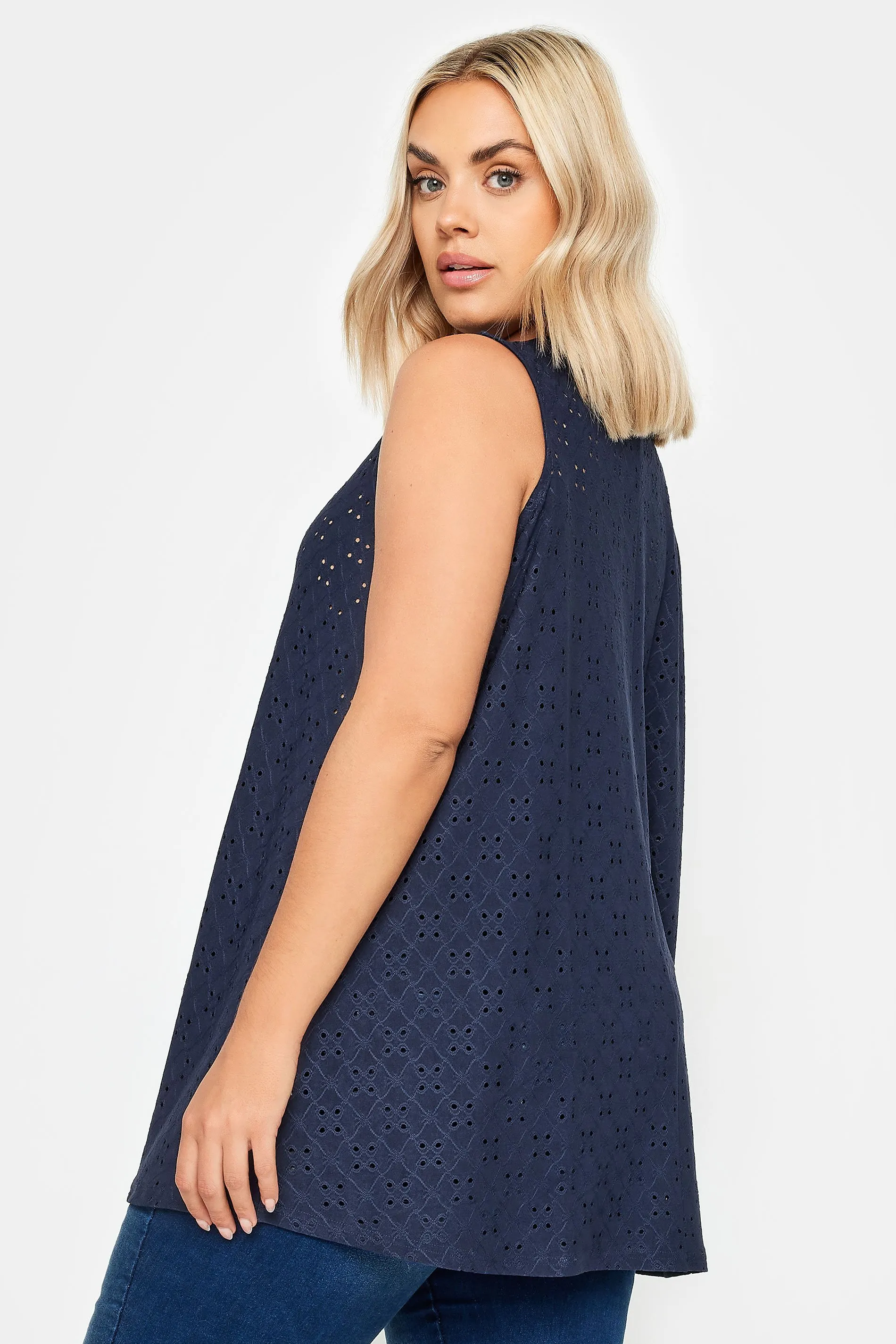 YOURS Curve Navy Blue Broderie Anglaise Swing Vest Top