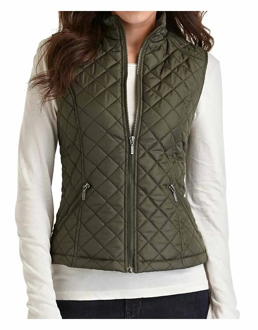 Zipper Closure Womens Green Quilted Vest - UJackets